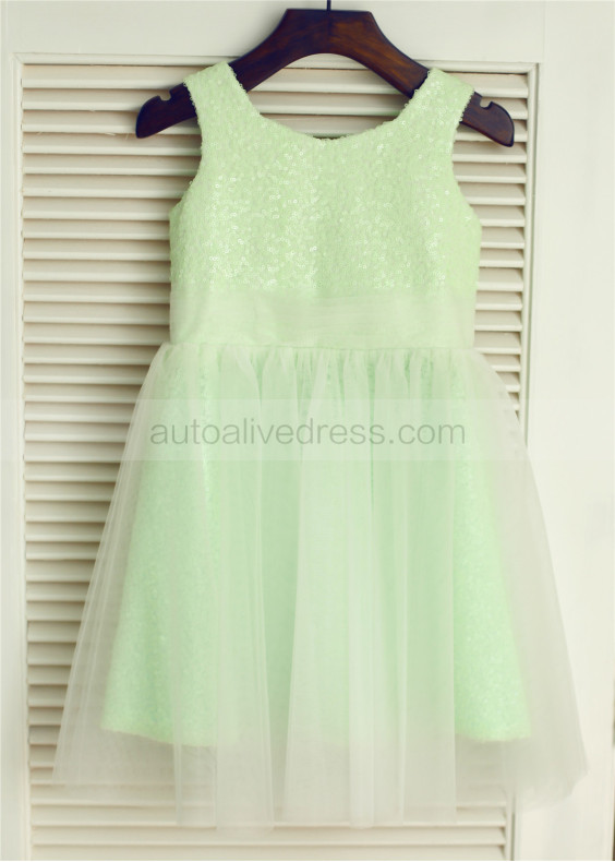 Green Sequin Tulle Flower Girl Dress